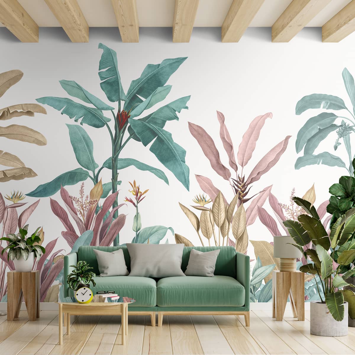 Pink-Green Hues- Tropical leaves wallpaper