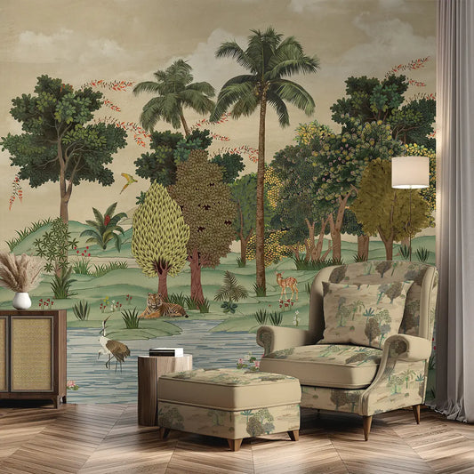 Ran Shringar Wallpaper Inspired by Ranthambore Forest in Creamy Beige.